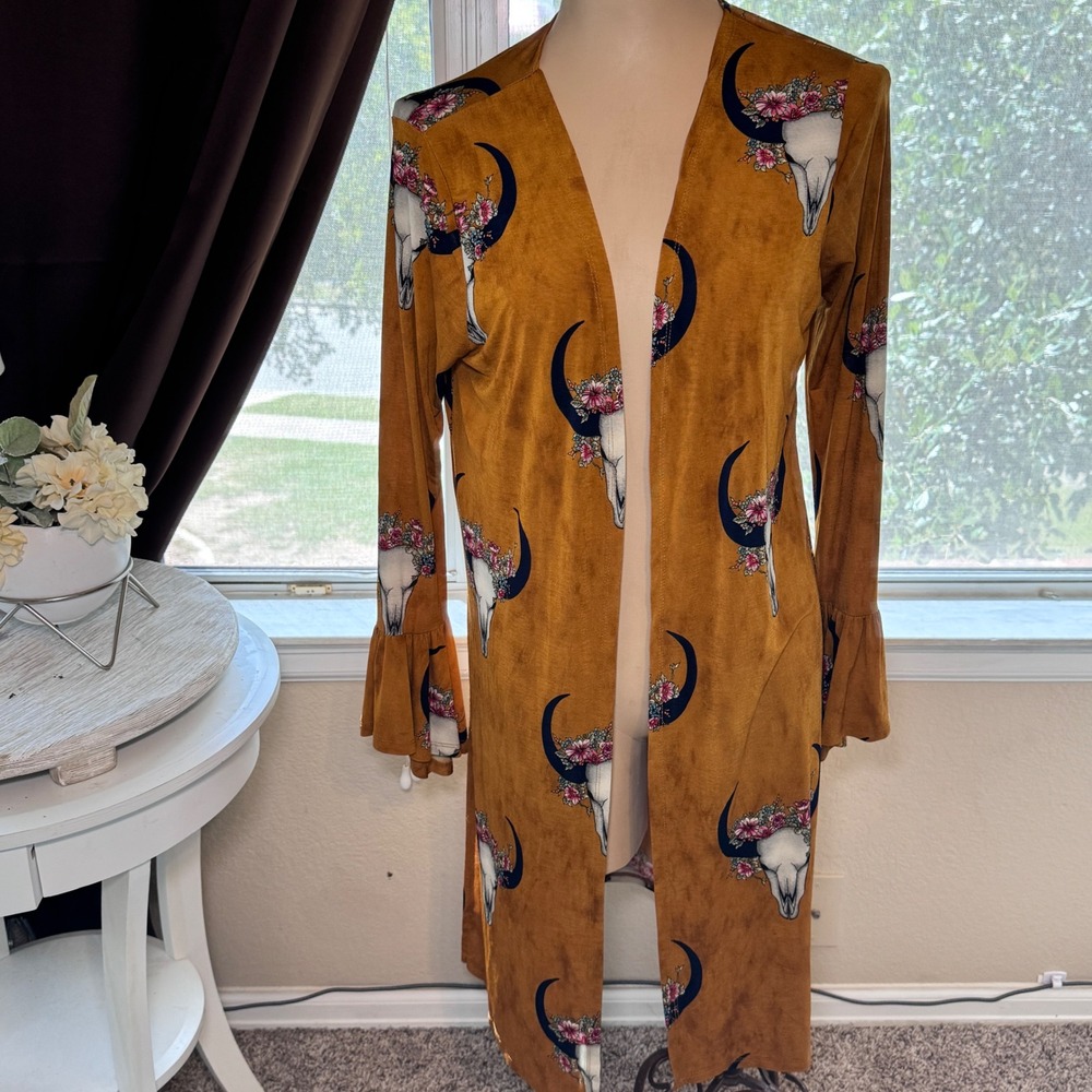 Moa Moa Mustard Yellow Floral Bull Skull Moon Duster Cardigan Ruffle Cuff Large